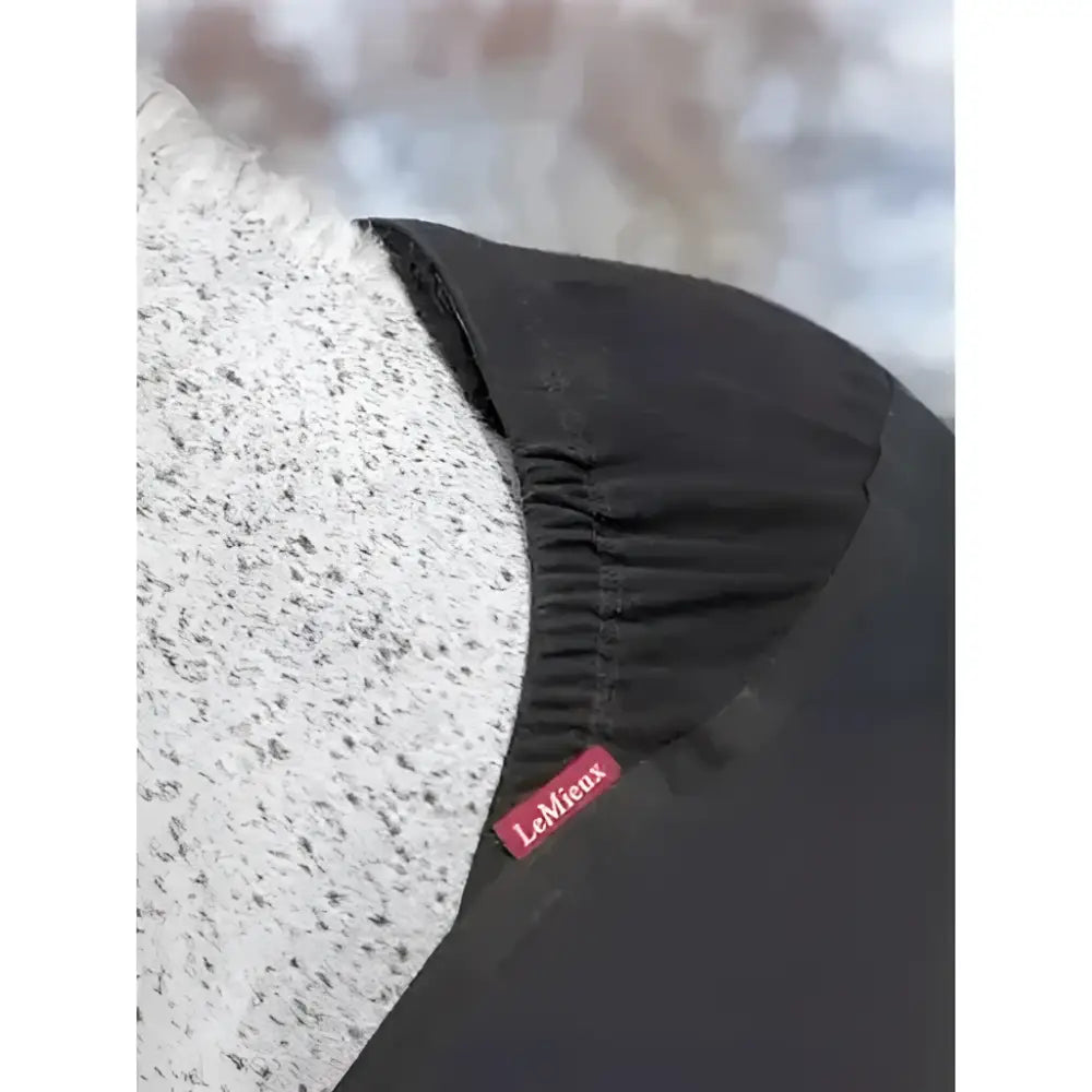 Black elastic waistband with red lemieux tag on lemieux anti rub bib with wither guard for horse protection