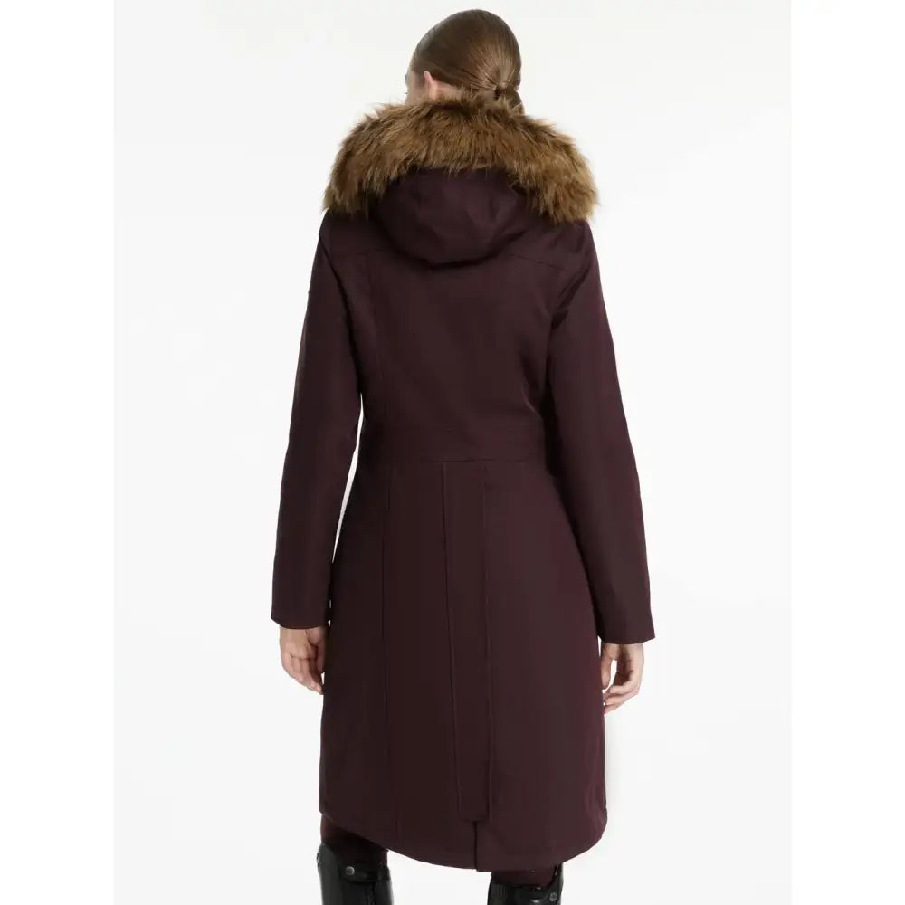 Maroon lemieux anya waterproof riding coat with plush brown fur-lined hood perfect for winter weather protection