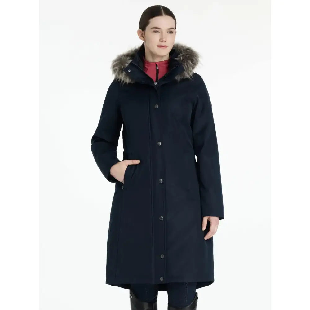 Navy blue lemieux anya waterproof riding coat with faux fur lined hood and front button closure