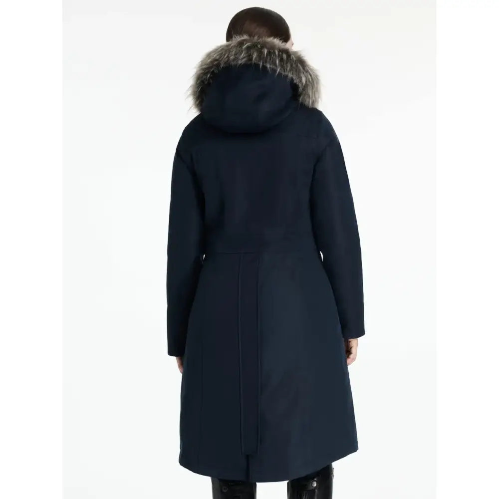 Navy blue lemieux anya waterproof riding coat with plush gray faux fur lined hood perfect for winter weather