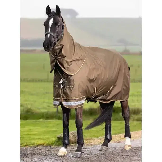 Brown lemieux arika 600d ripstop 200g turnout rug alpine with reflective trim and brand logo visible on the back side