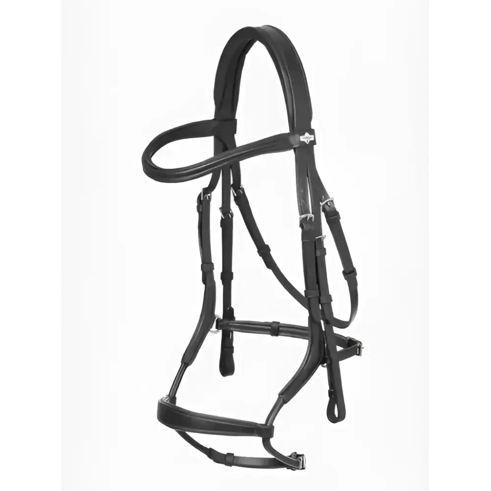 Black leather lemieux arika adjustable noseband bridle with silver hardware and white logo on browband