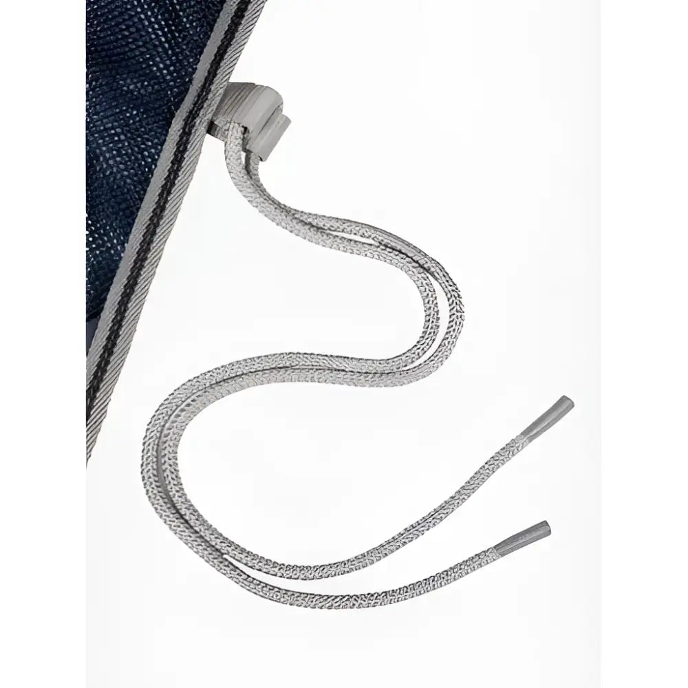 Gray braided drawstring with toggle on side of dark blue mesh lemieux arika air-tek sheet bag