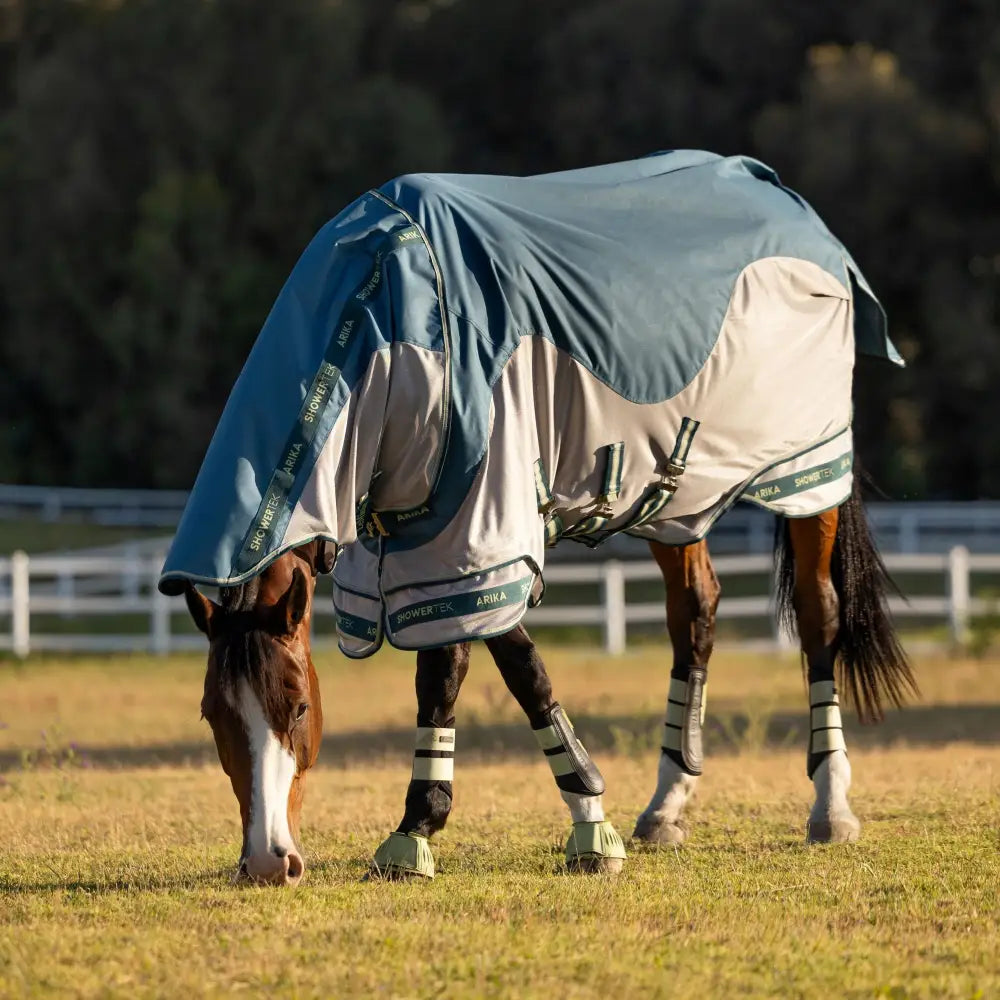 Lemieux arika camo shower-tek fly rug jungle in blue and beige with green trim and adjustable straps for horse protection
