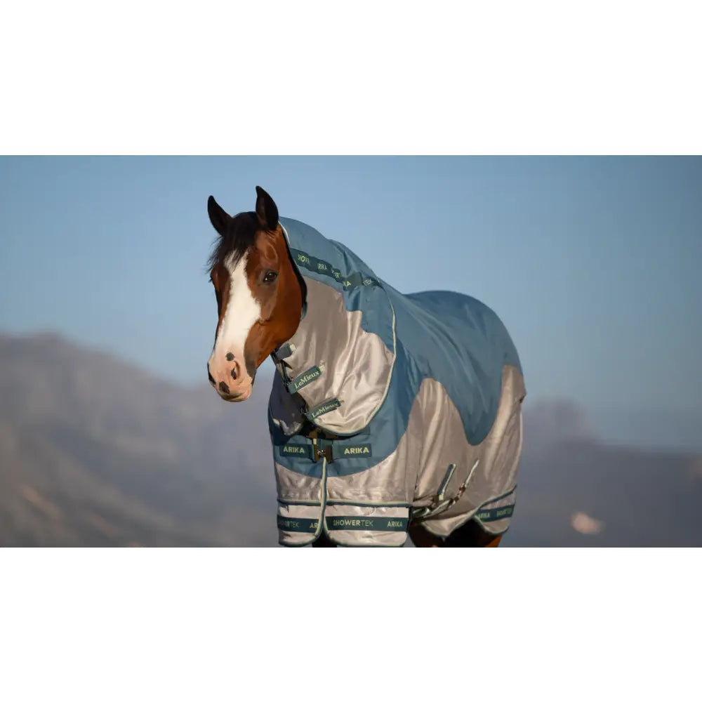 Blue and silver lemieux arika camo shower-tek fly rug jungle with green trim designed for horse protection