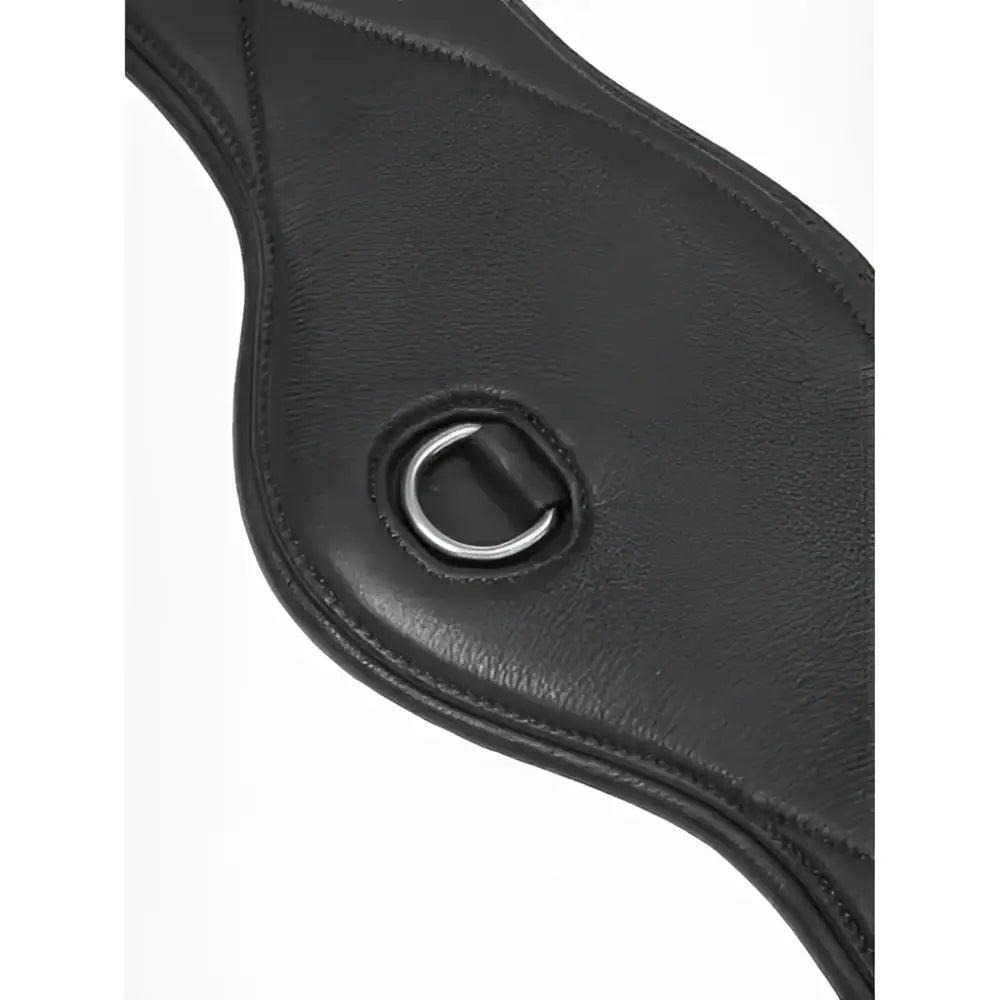 Black leather lemieux arika contoured dressage girth with silver metal d-ring for comfortable riding