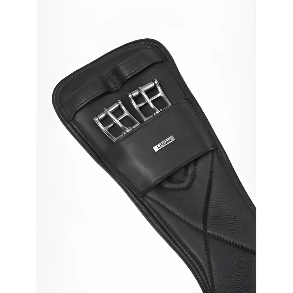 Black leather lemieux arika contoured dressage girth with three silver buckles and small brand tag