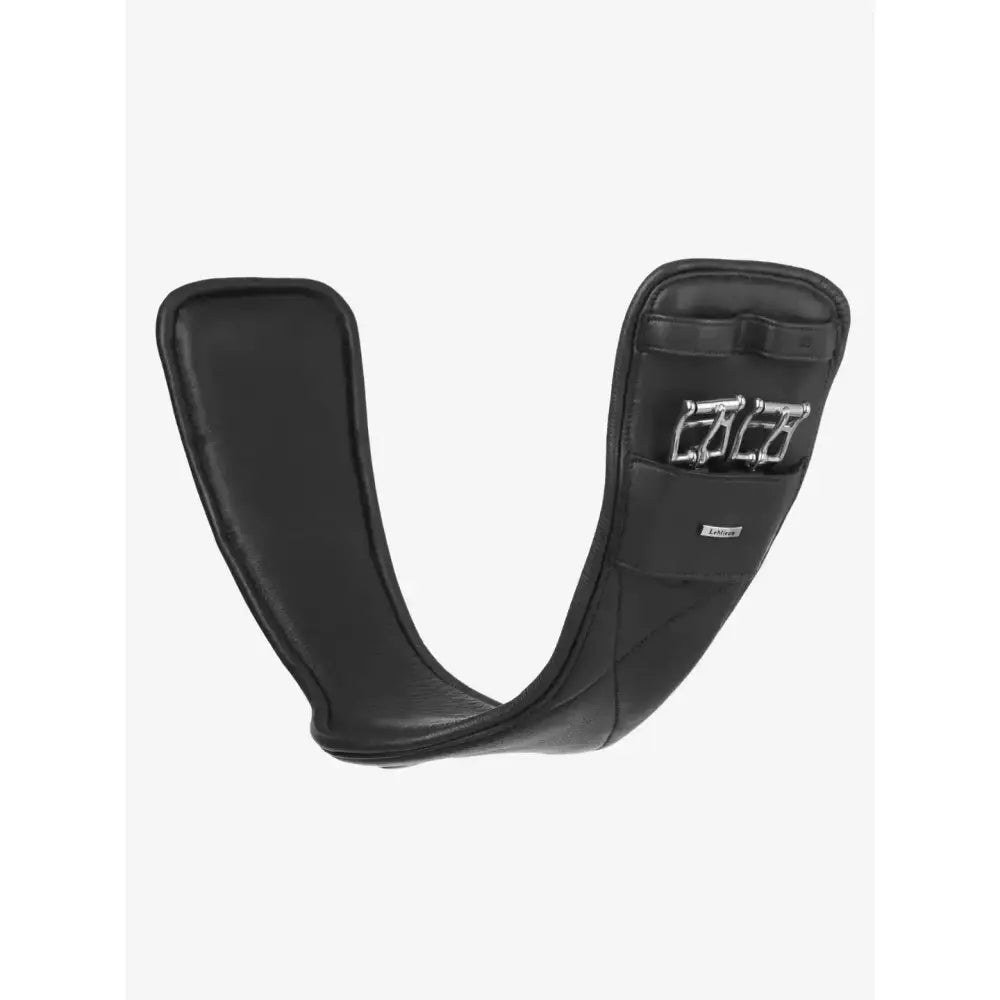 Black leather neck guard with silver fac logo and tag for lemieux arika contoured leather dressage girth brown