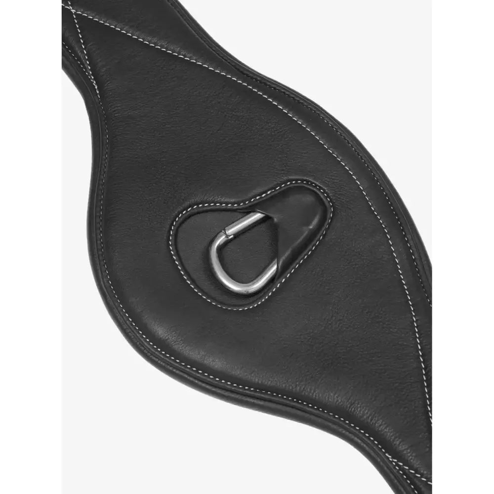 Lemieux arika contoured black leather long girth with white stitching and silver carabiner clip for contoured long girthing