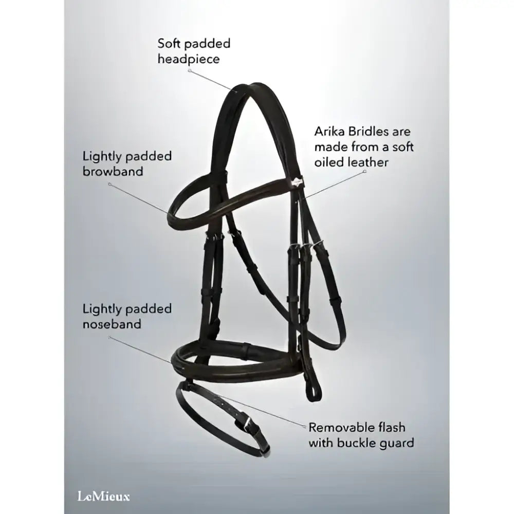 Black lemieux arika flash bridle in supple oiled leather with soft padded headpiece and flash bridle maximises comfort