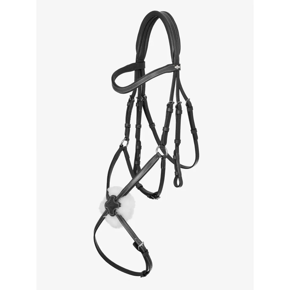 Black leather arika grackle bridle with white fluffy noseband detail lemieux arika worn higher style