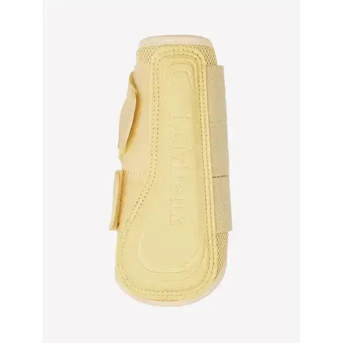 Beige lemieux arika mesh brushing boots mimosa with velcro straps and breathable mesh hoof protector visible from back side