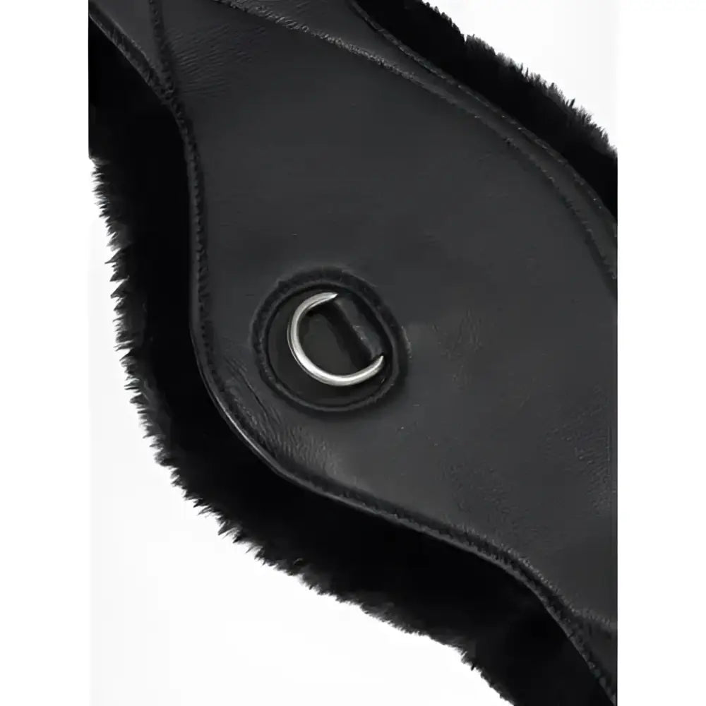 Black leather lemieux arika simuwool contoured dressage girth with plush fur lining and silver d-ring detail