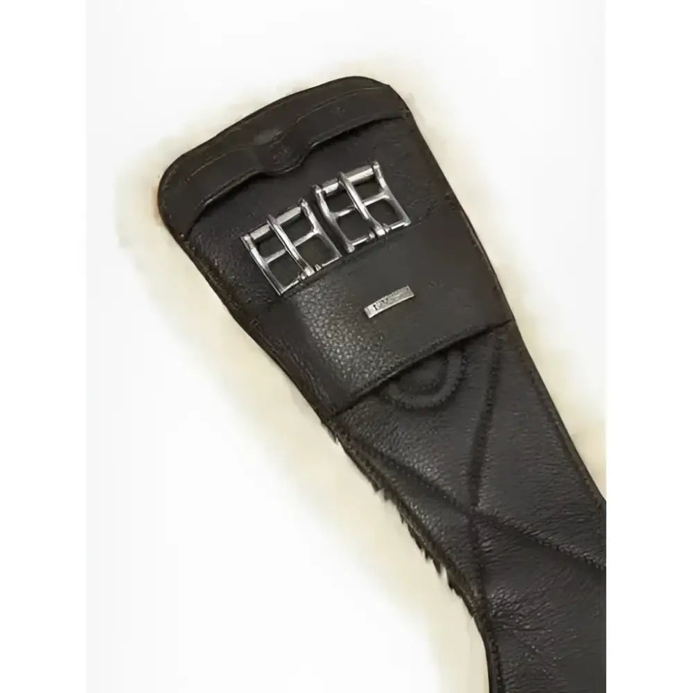 Black leather simuwool contoured dressage girth with silver buckles and quilted stitching lemieux arika simuwool brown