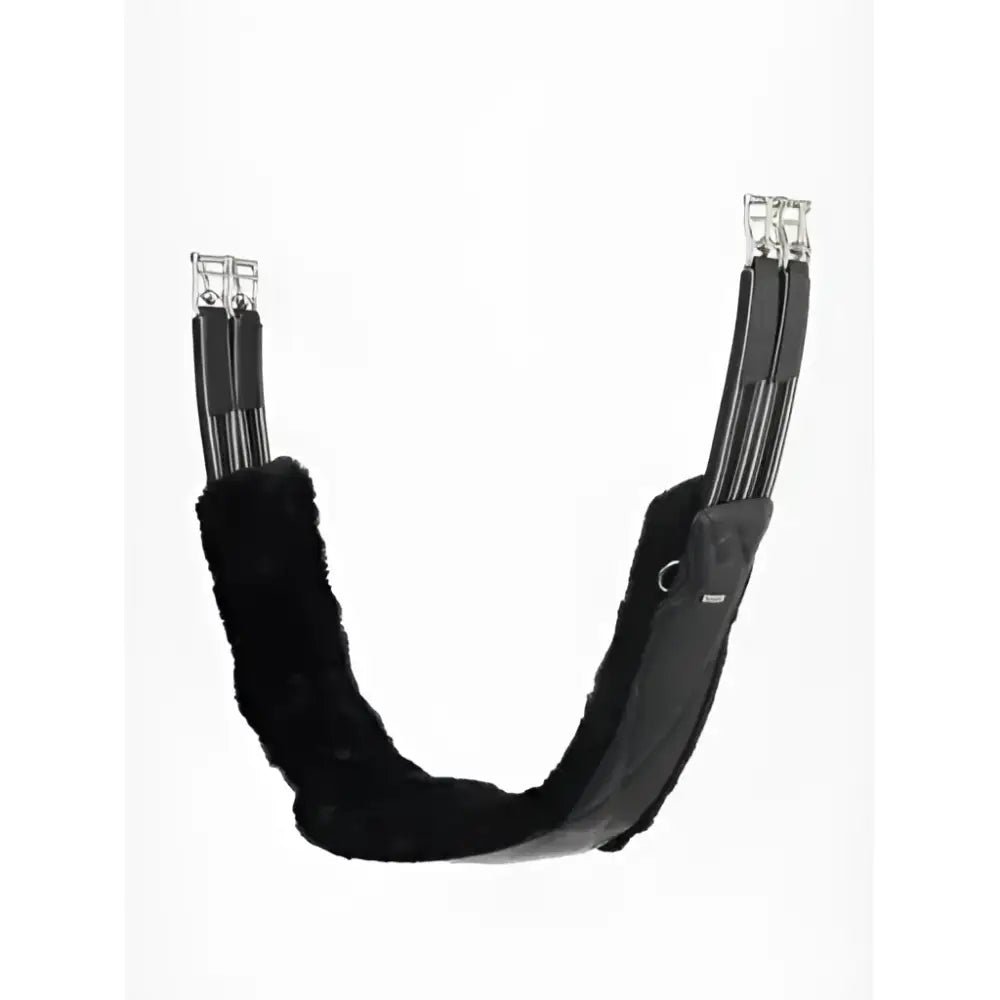 Black leather lemieux arika simuwool contoured long girth with plush faux fur lining and silver metal buckles