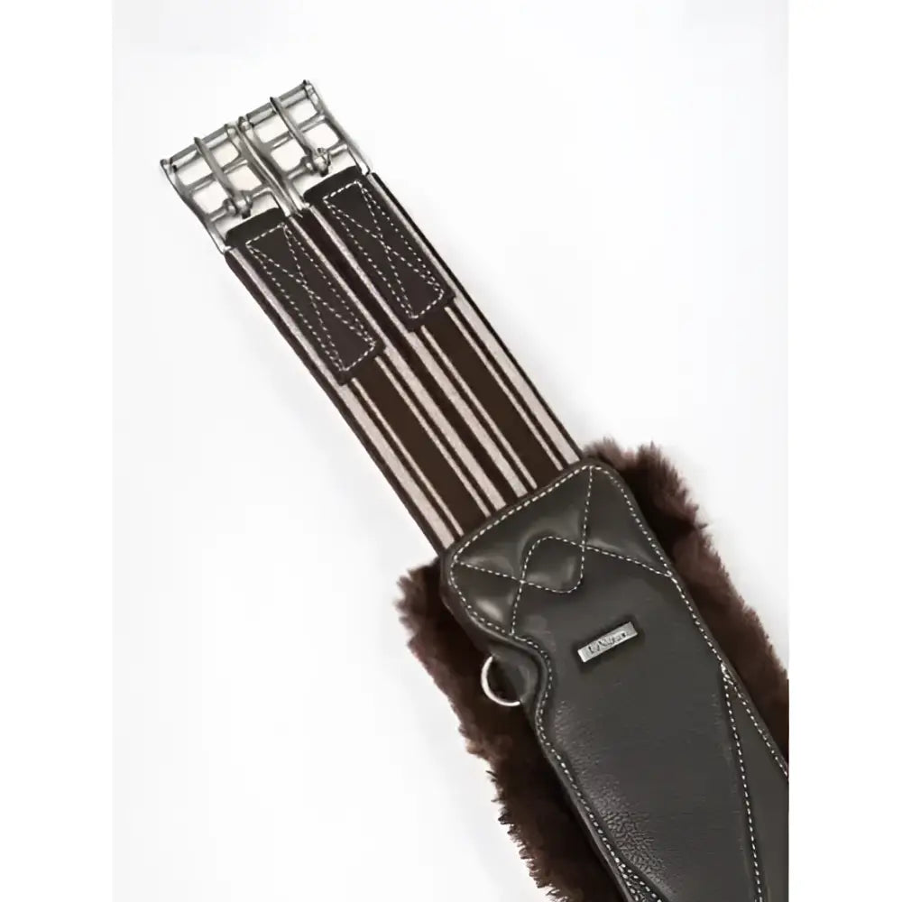 Brown leather lemieux arika simuwool contoured long girth with faux fur lining and silver buckle hardware