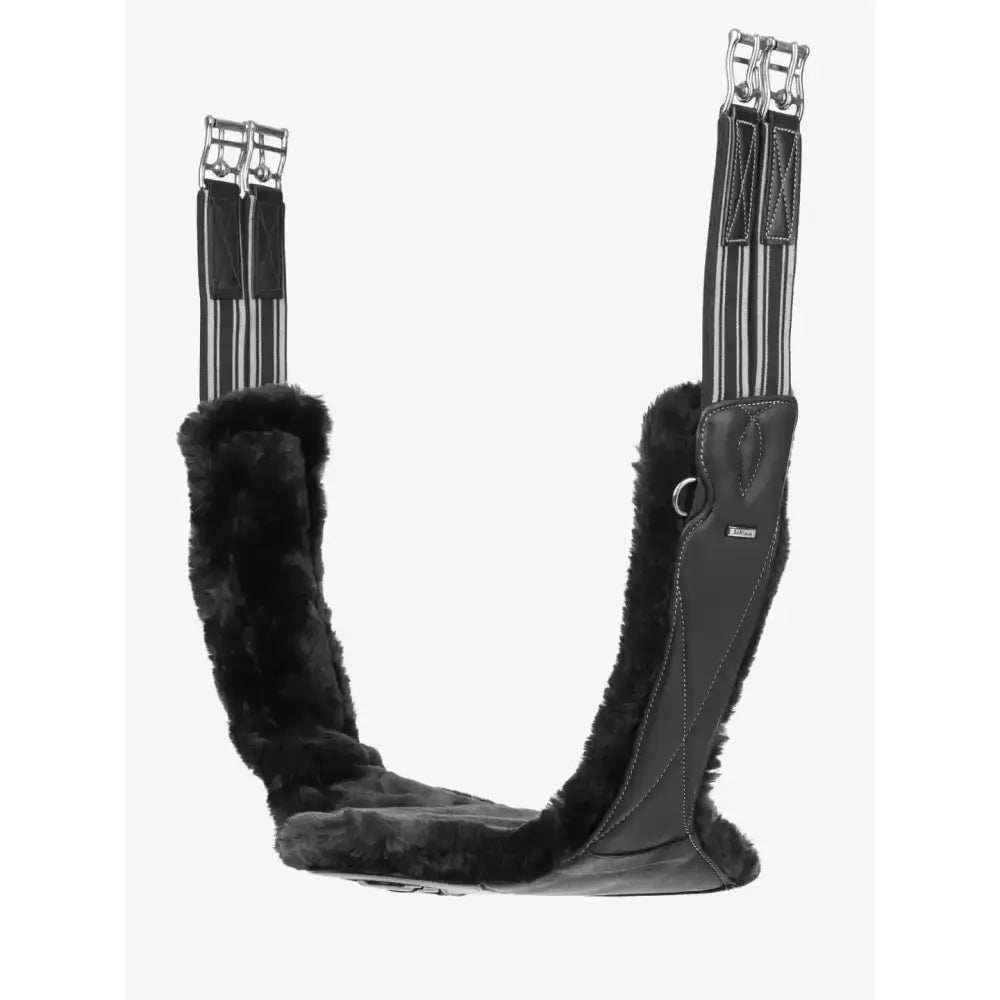 Black leather horse saddle pad with plush fur lining and silver buckles for lemieux arika simuwool contoured long stud girth