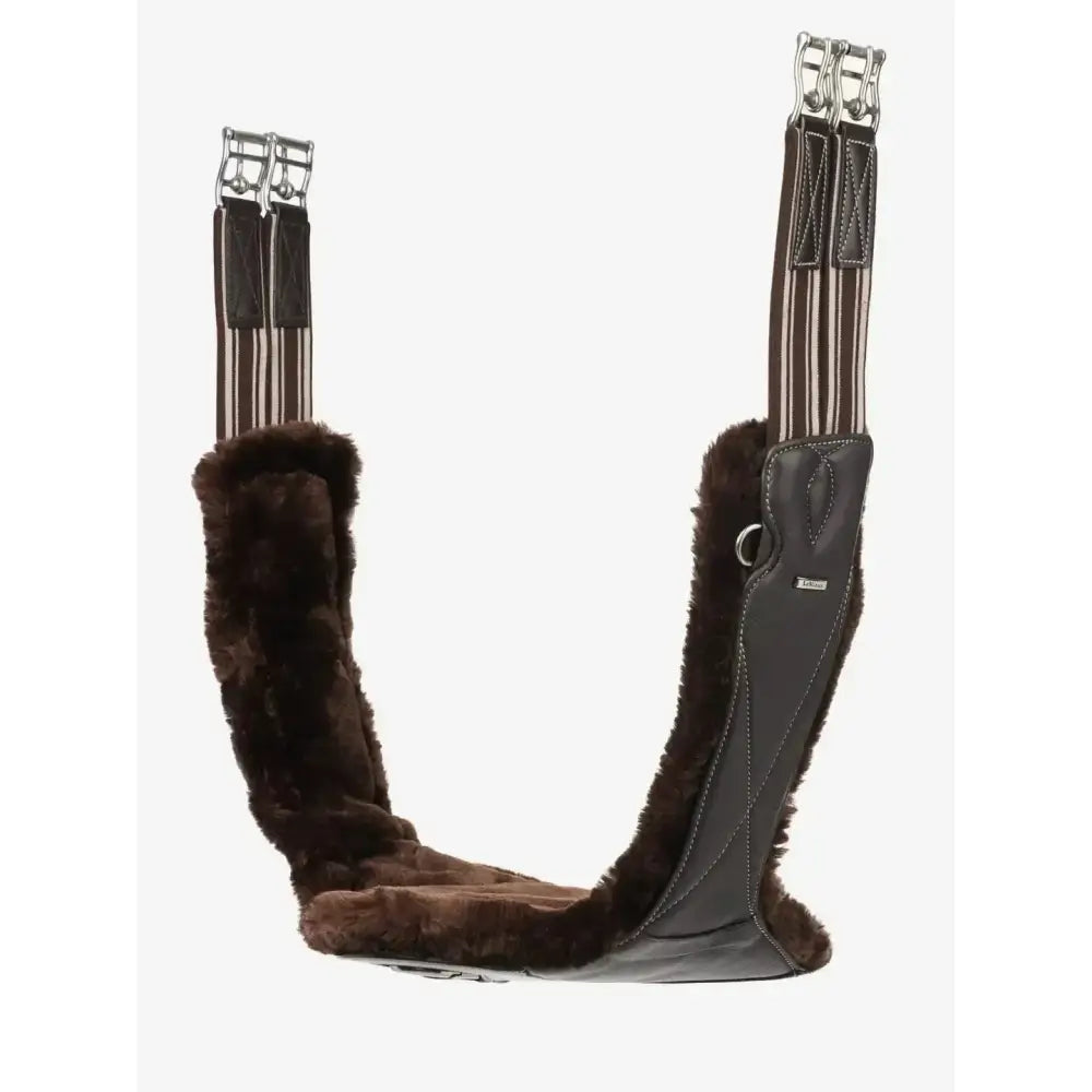 Brown faux fur-lined lemieux arika simuwool contoured long stud girth with dark brown leather straps and silver buckles