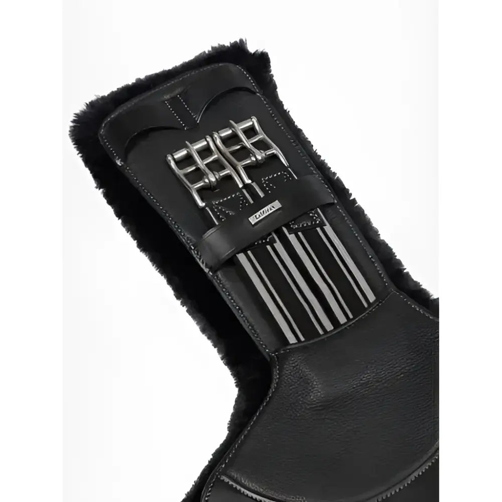 Black leather lemieux arika simuwool contoured short stud girth with plush fur trim and silver metal buckles