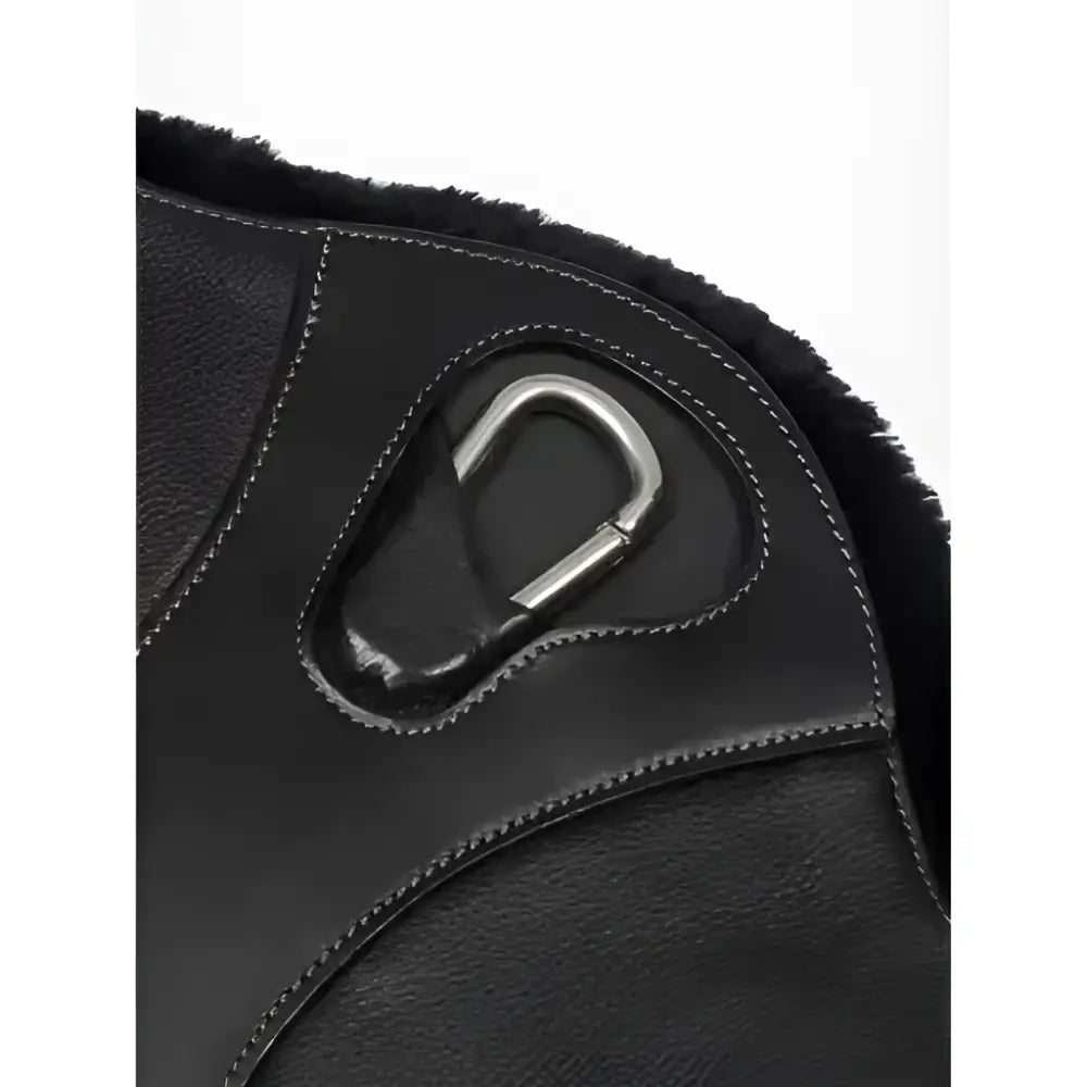 Black leather lemieux arika simuwool contoured short stud saddle pad with plush fur trim and silver carabiner clip