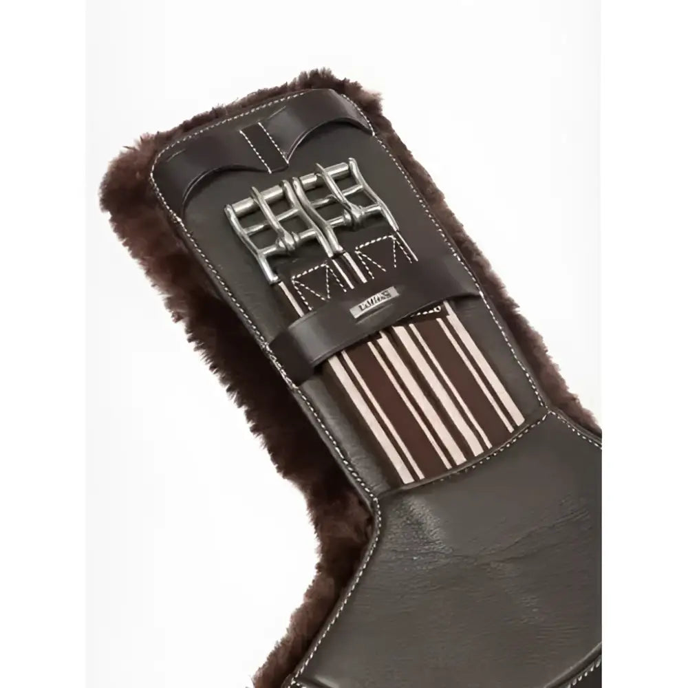 Brown leather lemieux arika saddle pad with plush fur trim and silver buckles for contoured short stud use