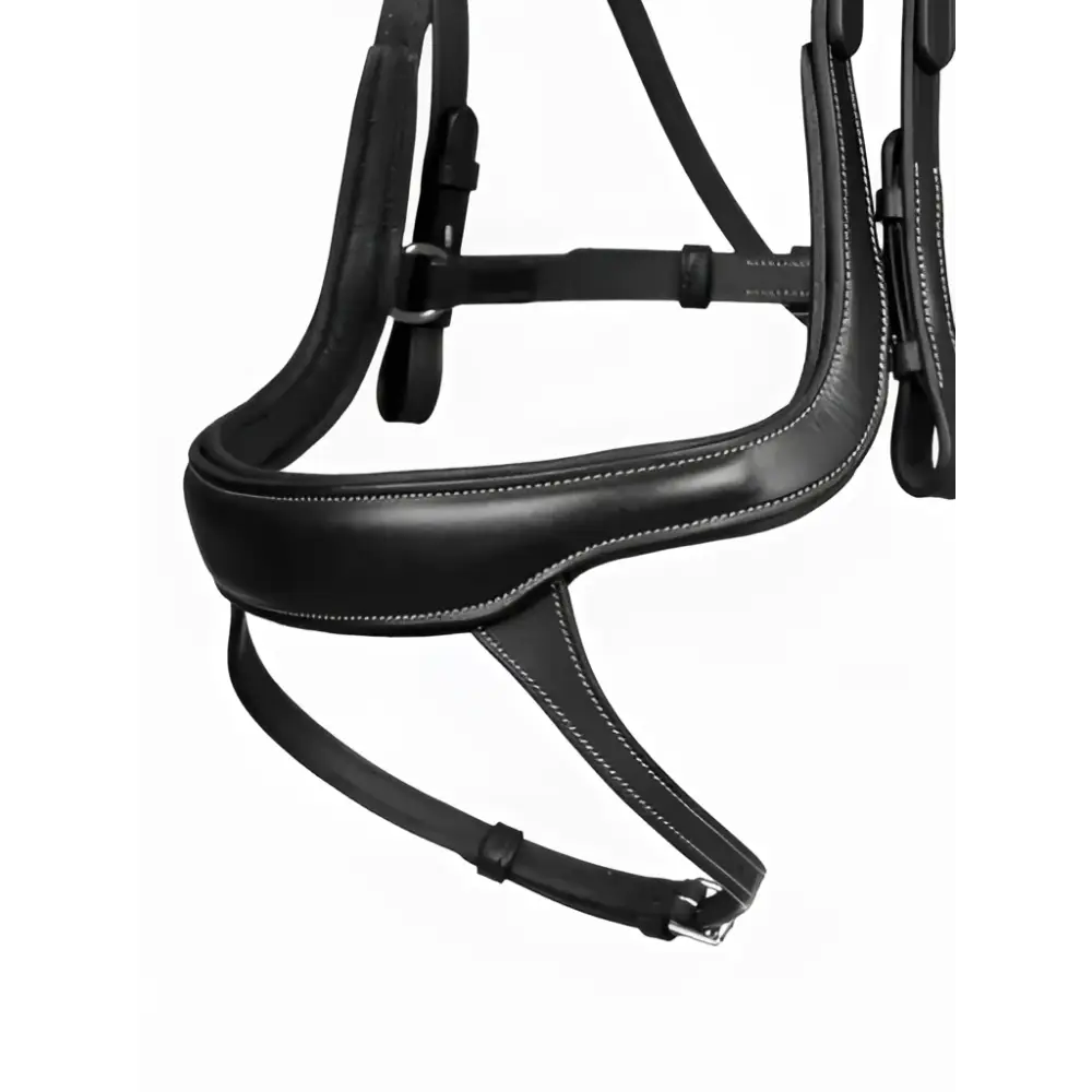 Black leather arika split noseband bridle with white stitching and metal hardware for stylish riding gear