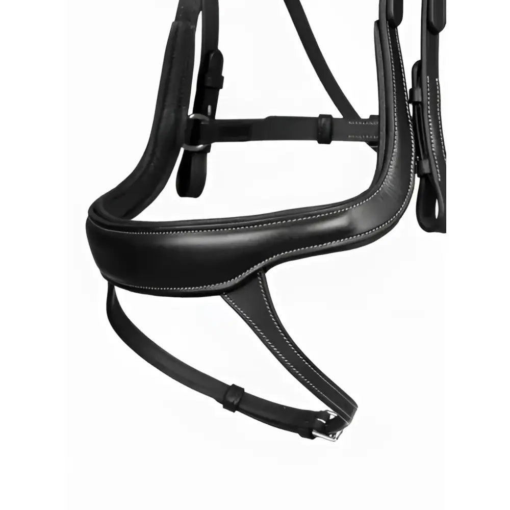 Black leather LeMieux arika split noseband bridle with white stitching and metal hardware for riding