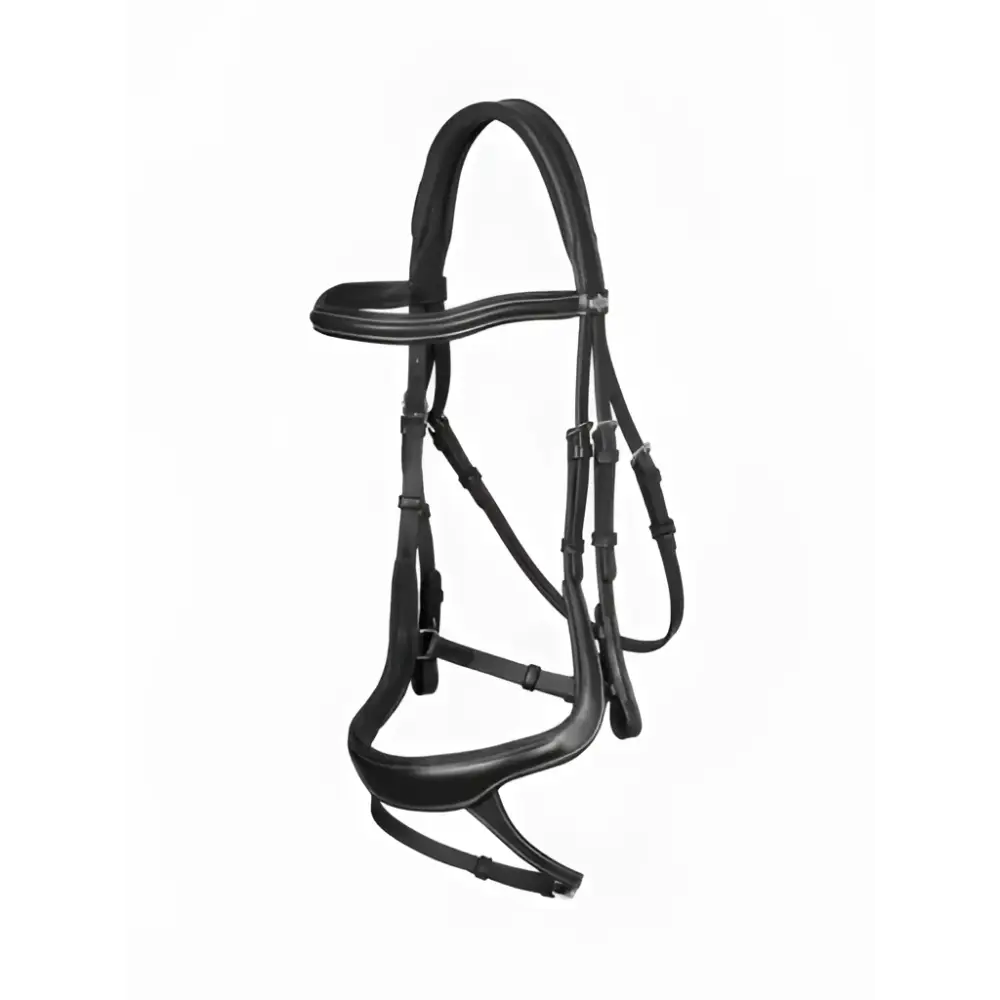 Black leather arika split noseband bridle with padded straps and metal hardware for comfortable riding