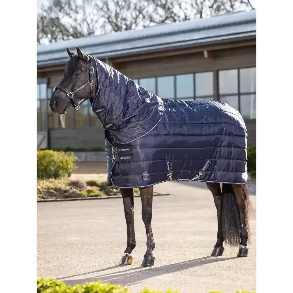 Navy blue lemieux arika stable-tek 350g quilted horse blanket with silver trim multiple pockets diamond ripstop outer
