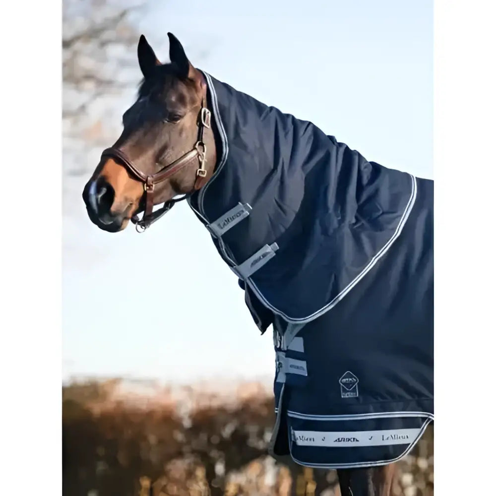 Dark navy lemieux arika storm-tek neck cover 50g with white trim and reflective branding patches for turnout use