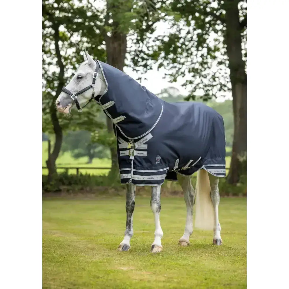 Navy blue lemieux arika storm-tek rug 50g with white trim and silver hardware featuring beta innovation gold tech