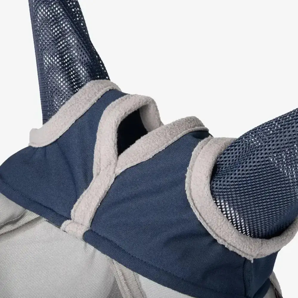 Navy blue and gray mesh lemieux armourshield pro half fly mask with soft fleece trim and elasticated head piece