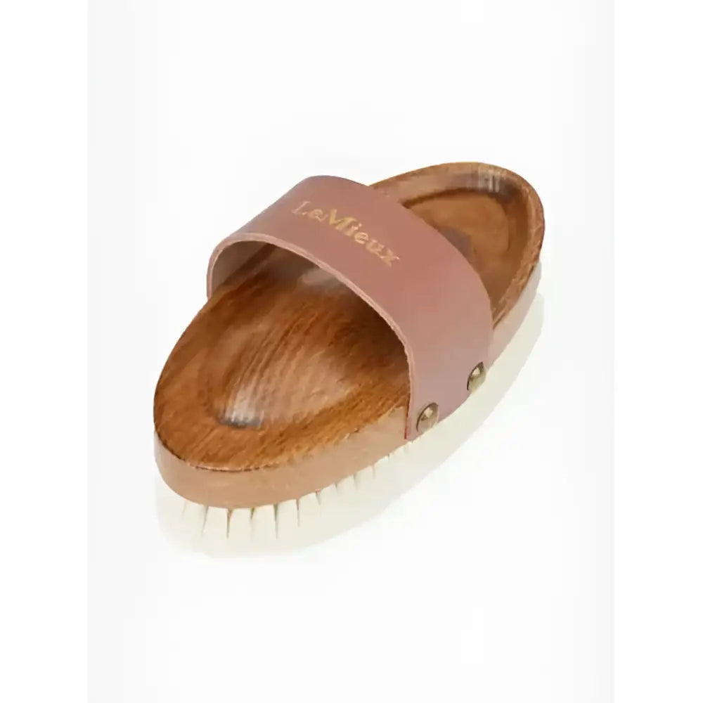 Lemieux artisan soft goats hair brush with tan leather strap and white soft goats hair bristles for gentle grooming