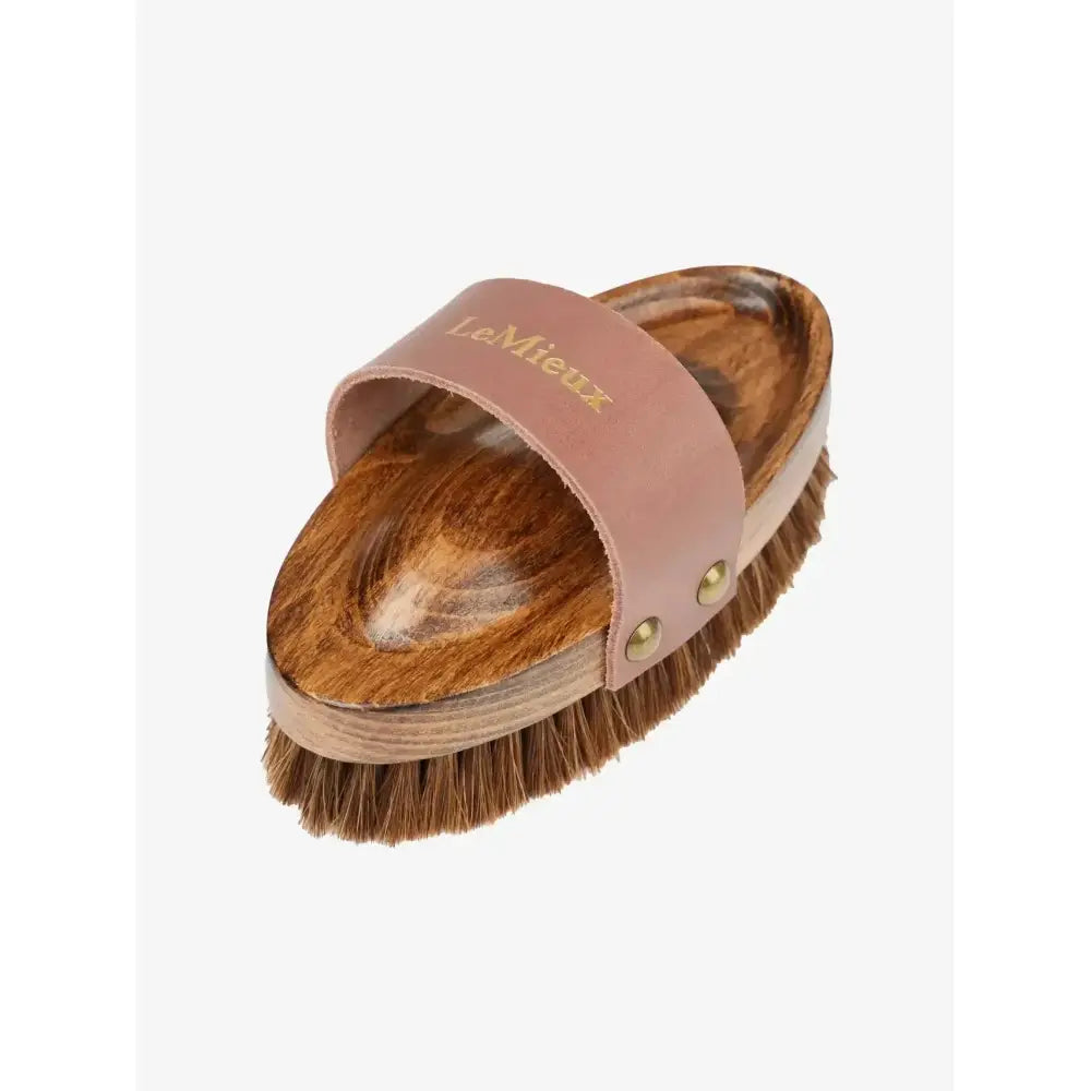 Lemieux artisan soft speckled brush brown wooden body horse brush with anti-static horsehair bristles and pink leather strap