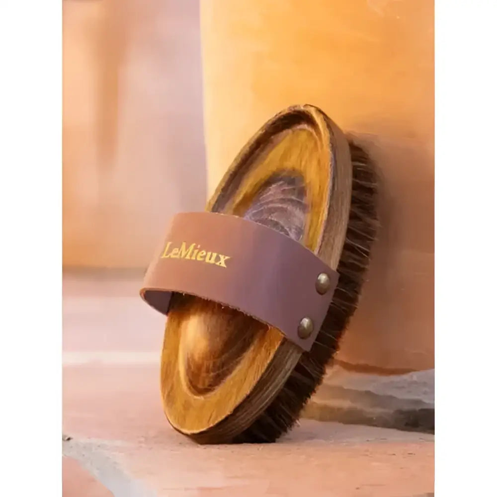 Lemieux artisan soft speckled brush brown horse brush with wooden handle, anti-static horsehair bristles, and leather strap