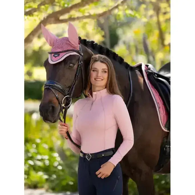 Pink mesh horse ear cover with decorative trim and small logo from lemieux base layer blossom collection