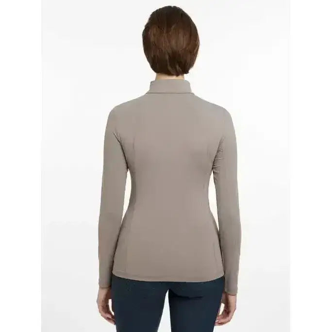 Beige lemieux base layer pecan long-sleeved polo shirt with fitted silhouette and ribbed collar for stylish layering