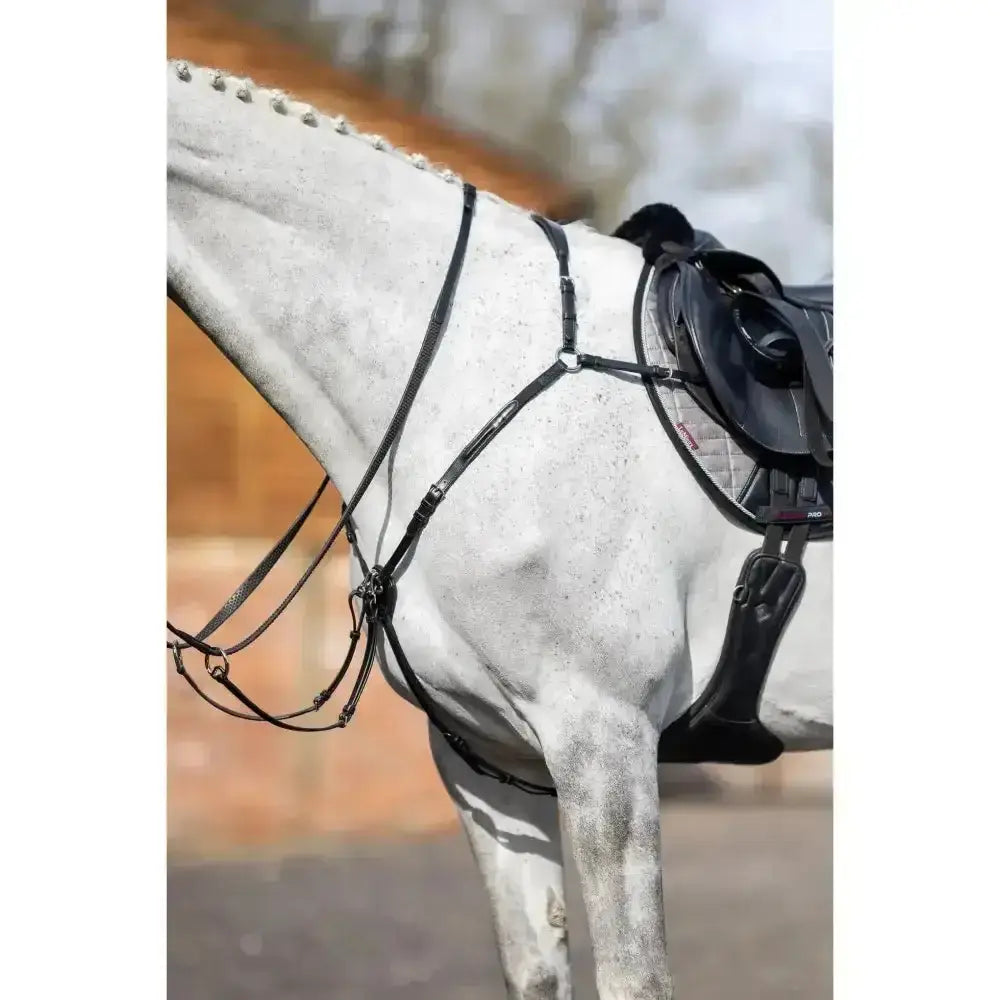 Black leather lemieux breastplate with silver d ring martingale attachment and elasticated neck straps for riding gear