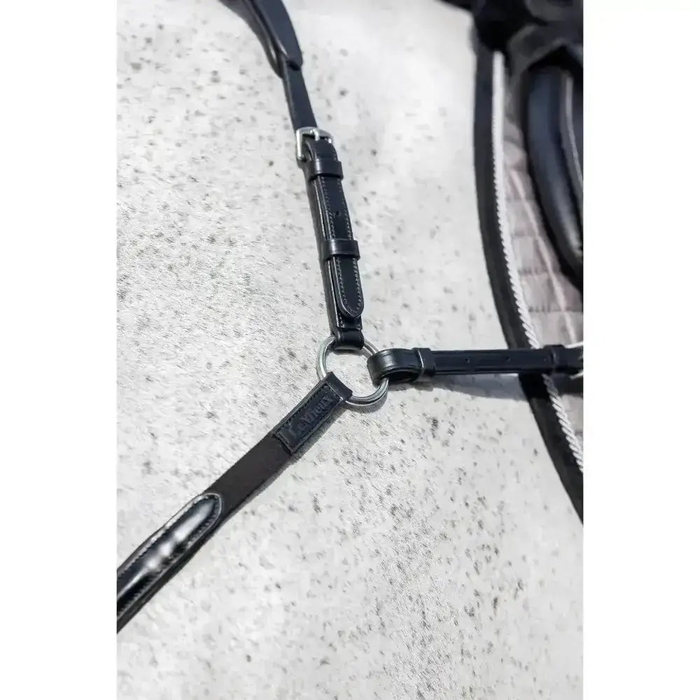 Black leather lemieux breastplate d ring attachment with silver buckle and ring for martingale attachment and elasticated neck straps