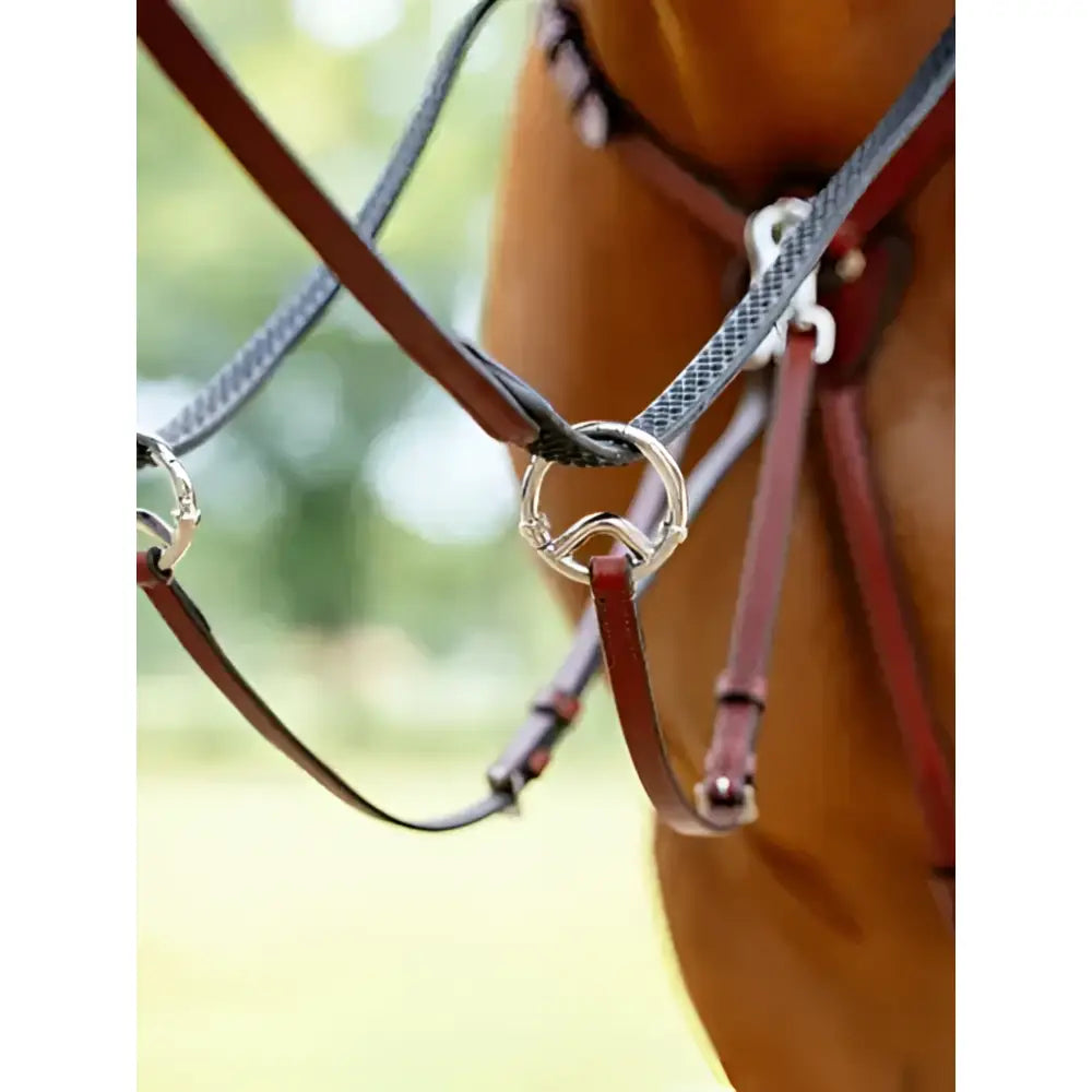 Brown leather lemieux breastplate chestnut silver with silver rings and black braided martingale attachment straps