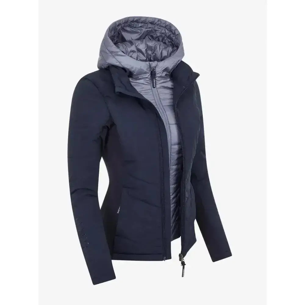 Dark navy lemieux brioney hybrid jacket with quilted hood and matching inner lining perfect for cold weather