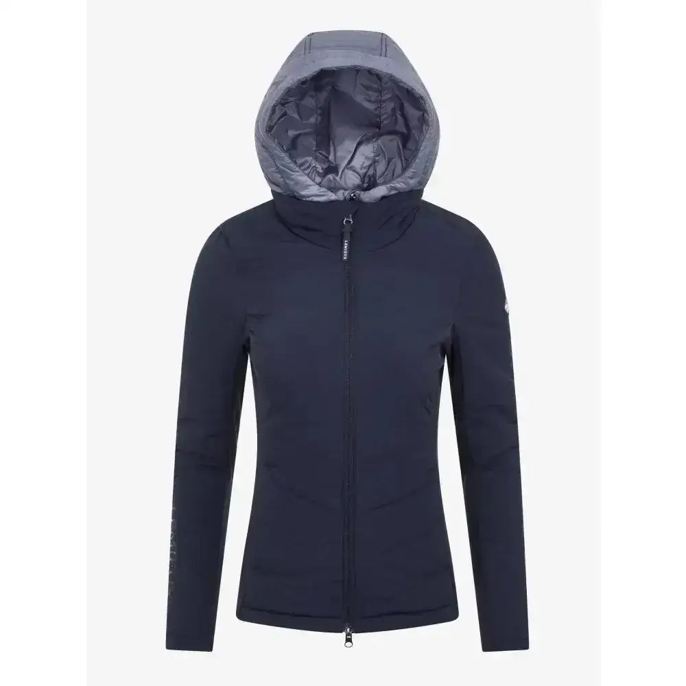 Dark navy lemieux brioney hybrid jacket with gray quilted interior lining zip-up hooded style perfect for layering
