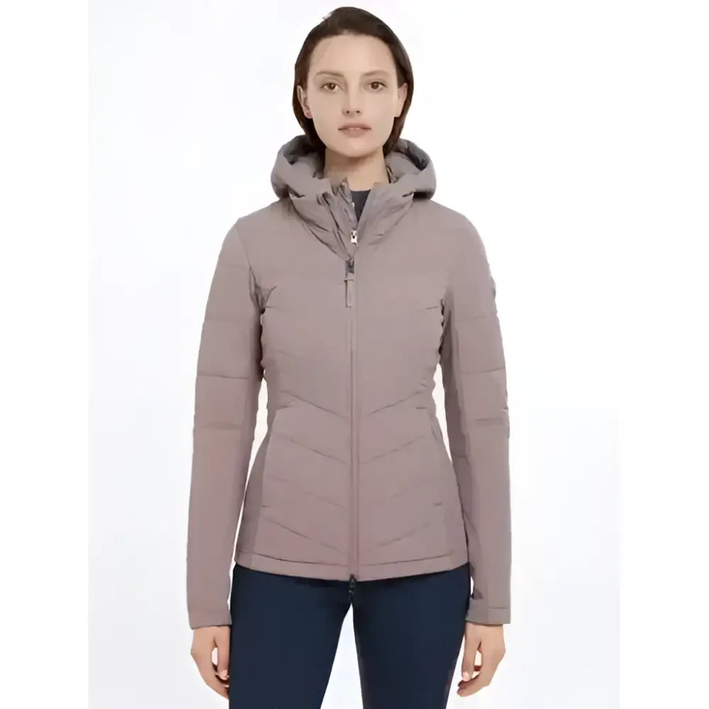 Taupe quilted lemieux pecan brioney hybrid jacket with matching lined hood panel and front zipper closure