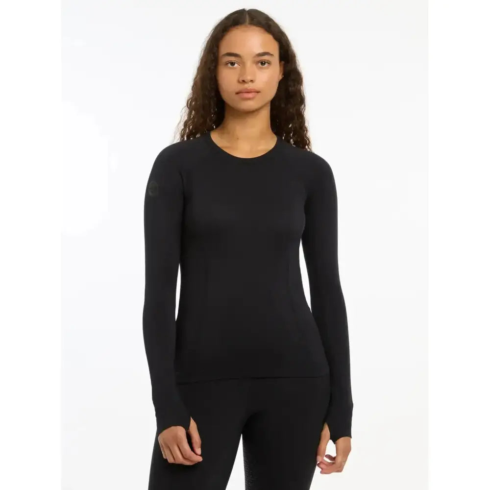 Black lemieux britney seamless long sleeve top with round neckline made of smooth stretchy fabric