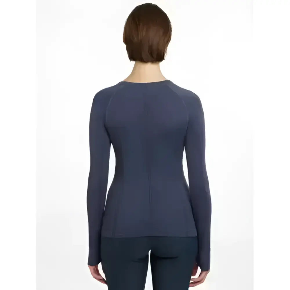 Navy blue lemieux britney seamless long sleeve top with rounded neckline and subtle seam detailing in dusk blue