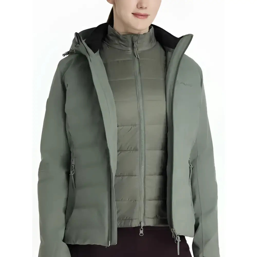 Olive green lemieux brooke waterproof hybrid jacket rosemary with black hood and zipper accents for wet weather use