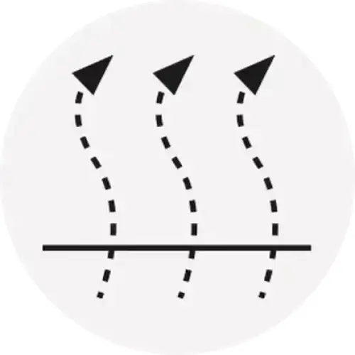 Black arrow graphic on white circular background for lemieux bug relief full mask lagoon insect protection
