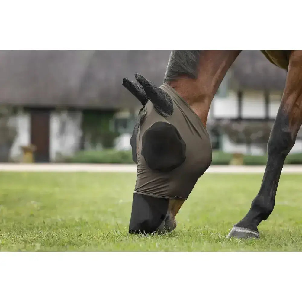 Olive green and black lemieux bug relief fly mask with bug-eye eye darts and reinforced patches for full eye protection