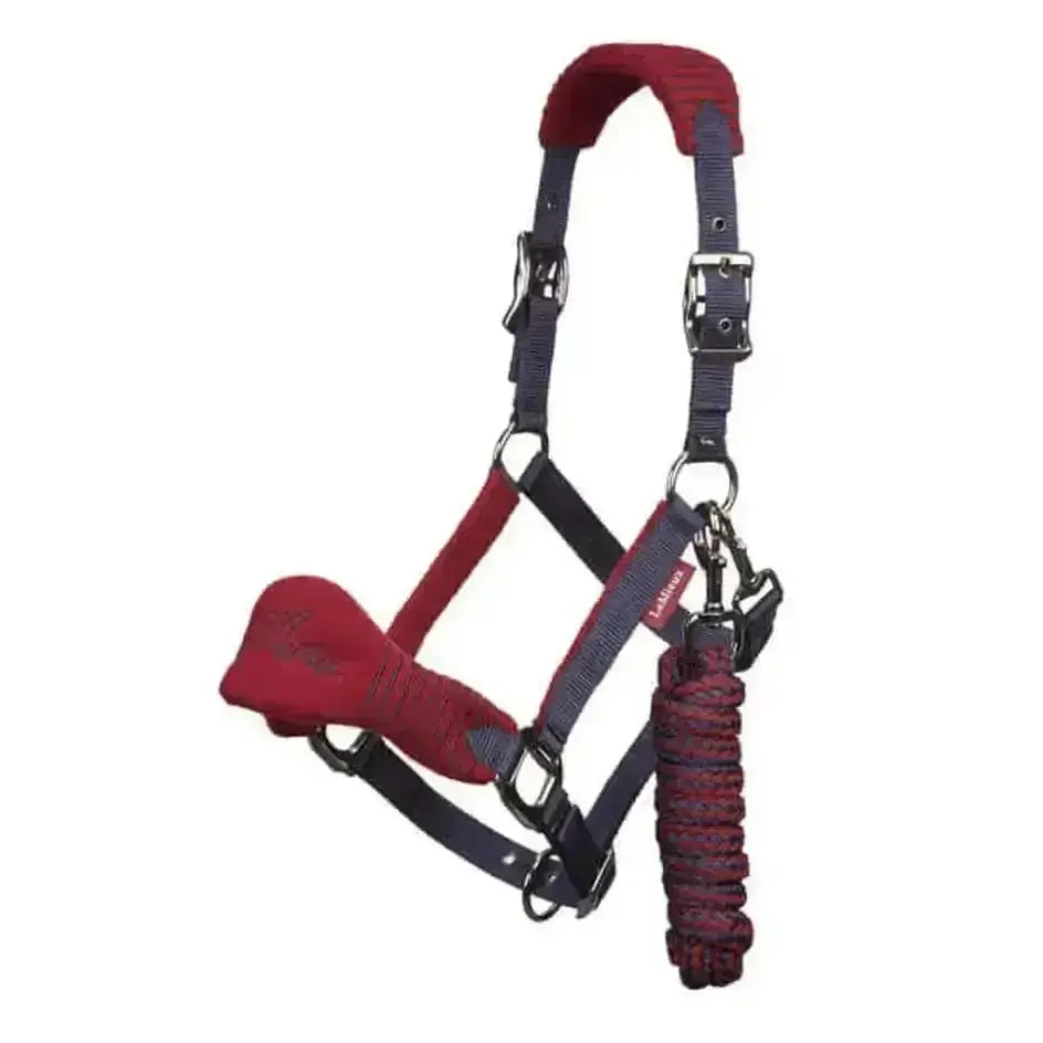 Lemieux burgundy vogue fleece headcollars with adjustable padded straps and matching braided leadrope in red and navy blue