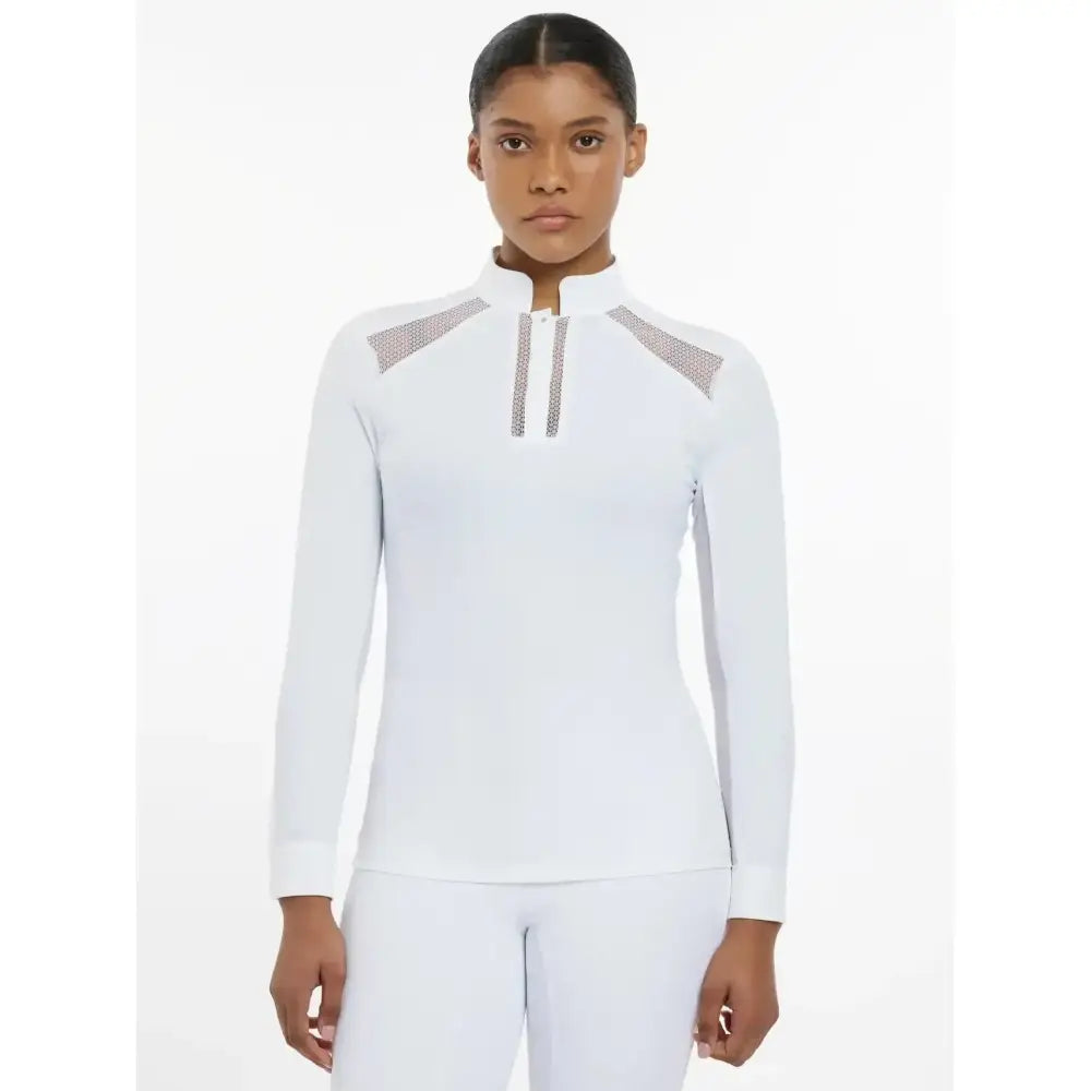 White lemieux camille long sleeve shirt with silver geometric shoulder panels and zipper detail at high collar